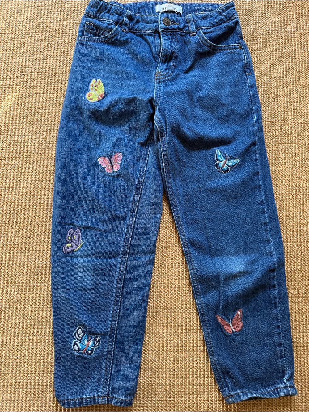 Mini Boden Blue Straight Leg Jeans with Multicolor Butterfly Embroidery